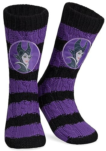 Disney Antirutschsocken Damen Teenager, One Size ABS Kuschelsocken Damen Antirutsch Haussocken Winter - Frauen Geschenke (Schwarz/Lila Maleficent)