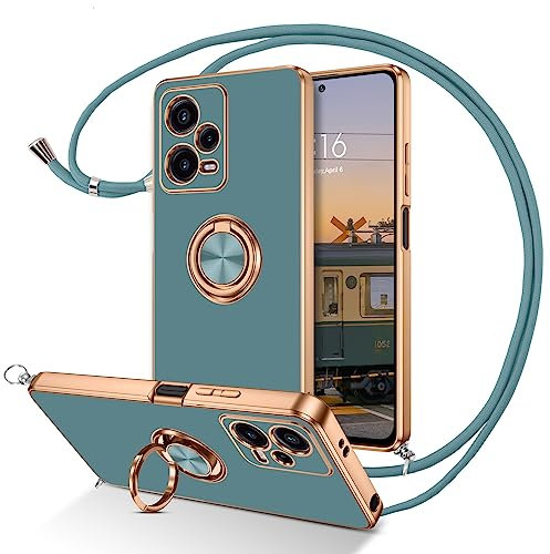 DUEDUE Coque pour Xiaomi Redmi Note 12 5G Cordon avec Anneau Rotatif, Souple Fine Doublure Microfibre Anti-Rayures, Bague Corde Bandoulière Coque pour Xiaomi Redmi Note 12 5G (Pas pour 4G), Vert