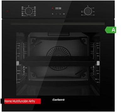 Corbero - Horno Multifunción 73L | CCHF1072NAIRFRY | Cristal Negro | Display Digital | 10 Programas | Función AIRFRY | Guías Extraíbles | Mandos Push-Pull | 3266W Potencia | Clase A, Negro