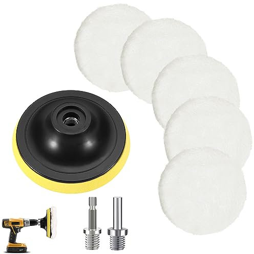 Miiepls 5 Pièces Tampon Polissage en Laine, Disque de Polissage, avec M10 M14 Adaptateur de Perceuse, Pad Polissage Voiture Auto-Agrippant pour Ponçage Polissage (80mm)