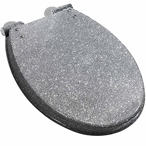 Toilettendeckel, Glitzer-WC Sitz mit Absenkautomatik, Ovaler Toilettensitz mit 360-Grad-verstellbarem Edelstahlscharnier, Quick Release Einfache Reinigung, Toilettenbrille Motiv Klodeckel Silver