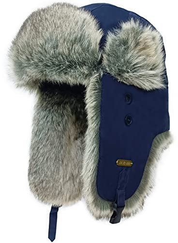 HEYANN Fliegermütze Herren, Uschanka Trapper Dunkelblau Russische Hütte Mütze mit Ohrenklappen Winter Bomber Hut Wintermütze Unisex Fliegermütze Fellmütze für Herren (2/3XL, Dunkelblau)