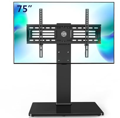 FITUEYES Universal TV Stand for 40-75 Inch TV, Tabletop TV Stand with Tempered Glass Base, Swivel & 6 Height Adjustable, Max. VESA 600x400mm, Holds 40kg