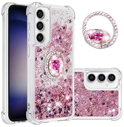 Bnvdfre Handyhülle für Samsung A15 Hülle Glitzer 3D Bling Sparkle Treibsand Fließende Flüssigkeit TPU mit Rotating Ring Ständer Stoßfest Schutzhülle Case für Samsung Galaxy A15 - Rose Gold Heart