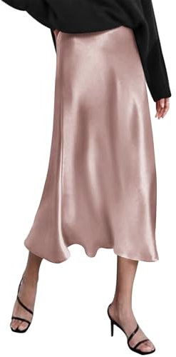 Zeagoo Damen High Waist Midi Satin Seide Rock Reißverschluss Casual Seidiger Business Bleistiftrock Party Rock Champagner M