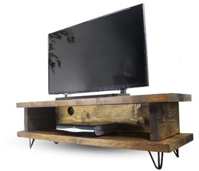 BLU Coast Harland Solid Wood Tv Unit with Metal Feet, Low Open Shelf Natural Wood Rustic Media Cabinet, Storage for Sound Bars, Gaming Consoles and Home Electronics 220lx40Dx39H – Medium Oak