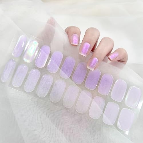 Ceboic Semi Cured Gel Nail Strips, 22PCS Extra Long Glossy Nail Stickers, Self-Adhesive Salon-Quality Polish Strips, French Manicure UV/LED Lamp Required, Aurora