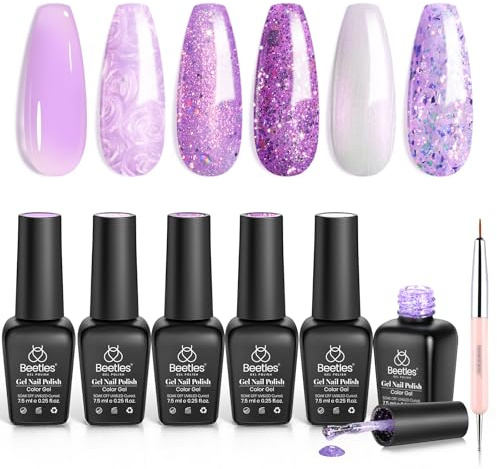 Beetles Purple Gel Nail Polish Set, 6 Colour Spring Purple Shimmer Pearl Jelly Gel Polish with Nail Brush Soak Off LED Lamp Swirl Shell Thread Effect DIY Manicure Gifts for Women