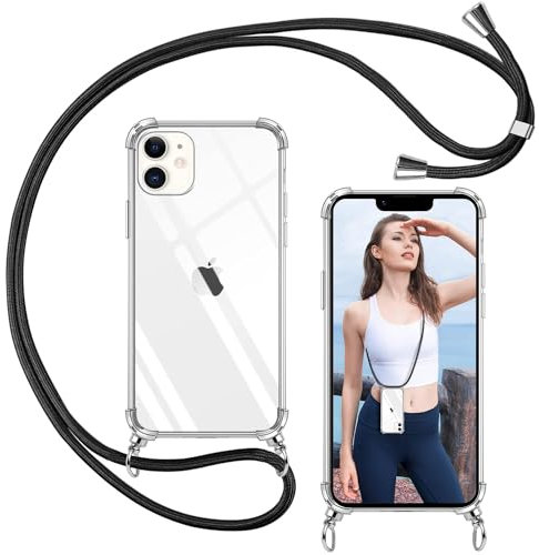 ISOI - Funda con Cuerda para iPhone 11, Colgante Ajustable Collar Correa de Cuello Cadena, Carcasa Transparente Cordón Suave TPU Silicona, con Parachoques de Airbag a Prueba de Golpes - Negro