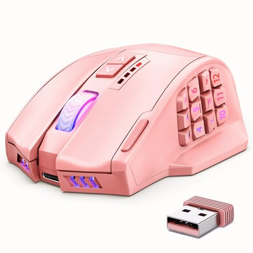 UtechSmart Venus Pro - Mouse da gioco MMO wireless, 16.000 dpi, sensore ottico | Doppia modalità wireless, illuminazione RGB Chroma 16M, 16 pulsanti programmabili, design ergonomico, fino a 70 ore, rosa