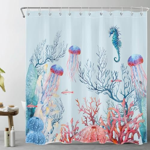 LB Küstentier Duschvorhang 180x200cm(BxH) Korallenquallen und Meeresküste Antischimmel Wasserdicht Badezimmer Vorhänge, Blaues Meer Extra Lange Polyester Stoff Bad Vorhang mit Haken