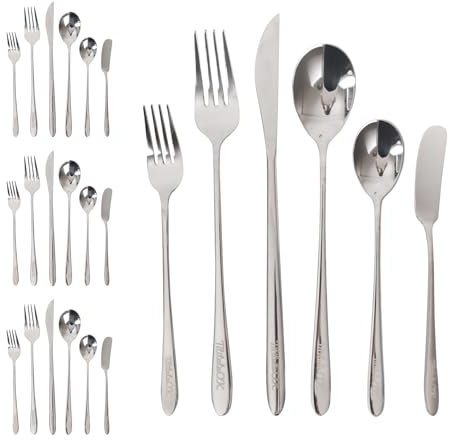 Premium 18/8 Edelstahl Besteck Set, 24 Teile, Messer, Gabeln, Löffel, Dessertlöffel, Buttermesser, Hochglanzpoliert, Silberfarben (24-teiliges Set)