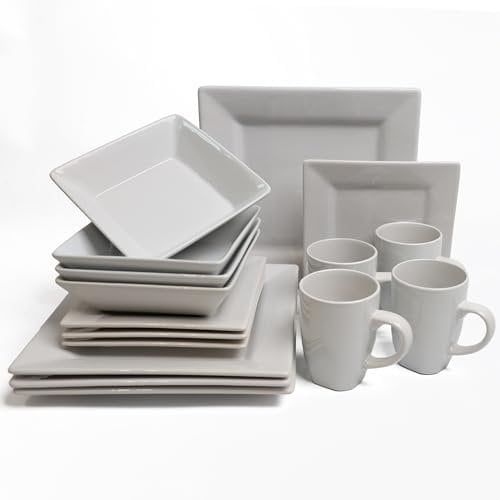 DIVCHI 16 Piece Dinnerware Set Square Kitchen Dinner Sets For 4 | Dessert Plates | Cereal Bowls | Mugs | Side Plate | Tableware | Combination Sets - Dishwasher Microwave & Oven Safe (White)