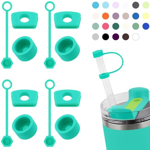 DUNLAGUE Silicone Spill Stopper Set Compatible with Stanley Cup 2.0 30oz & 40oz with Straw Cover (Set of 4, Tropical Teal)
