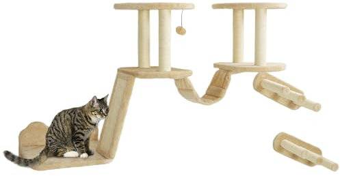 PawHut Katzen Kletterwand Set, 3-teilig Katzenmöbel mit Kratzbaum, Sitzstangen, Leiter, Stufen, Kratzbrett, für Katzen bis 5 kg, Sisal, Beige