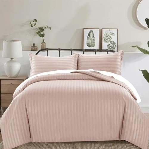 PRIME LINENS 3 Piece Duvet Cover Set Satin Stripes Quilt Cover Bedding Sets with Pillowcases Hotel Quality Ultra Soft Hypoallergenic Machine Washable (Pink, Double)