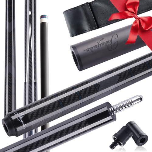 PODAYUDE Taco de billar de fibra de carbono, 2 piezas con puntas de 12,4 mm, palos de billar profesionales de baja desviación con junta de 3/8 x 8 pines con bolsa suave [peso ajustable] - 19 ± 0.5