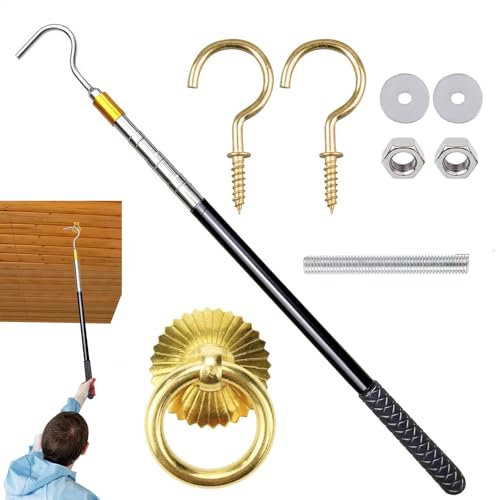 Ladder Pull System Kit - Attic Pull Down System Hook Parts Replacement For Cord Ropes With 56-164cm Retractable Pull Rod With Hook, Hook Extension Pole Set For Loft Stairs
