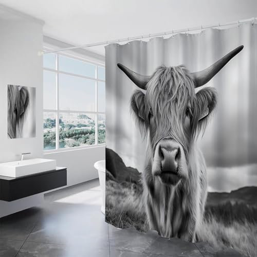 Duschvorhang 240X200 Graue Hochlandrinder Anti-Schimmel Wasserdichter Extra Langer Duschvorhänge Mit Duschvorhangringen Moderne Tiere 3D Motiv Bad Vorhäng Für Badewanne Badezimmer