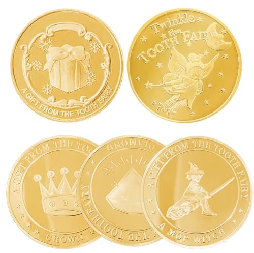 LONZIKP 4 Monedas de Hada de los Dientes, Significativo, Regalos para Niñas, Monedas de Oro para Niños, con Diferentes Motivos en el Anverso y Reverso, Dientes Coloridos, Hadas