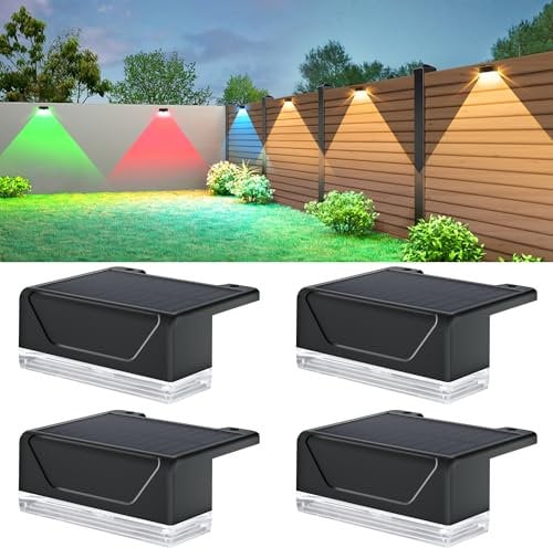 ELLASAY Solar Fence Lights Outdoor: IP65 Waterproof Solar Powered Wall Light - 8 Lighting Modes with 3000K/RGB Colours -Outside Decor for Garden Balcony Porch 4 Pack