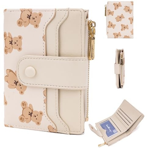YUEcthynous Portefeuille court pour femme en petit format zippé motif ours gaufré avec blocage RFID et de nombreux compartiments, tendance et pratique, Blanc., L, Fashion