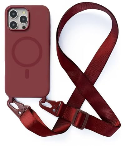 Leather Armor Handykette Hülle für iPhone 15 Pro Max(6.7) mit Band Halsband Lanyard (abnehmbar) Handyhülle, Verstellbarer Lanyard.Magnetisch Stoßfest Silikonhülle Wireless Charging kompatibel .-Rot