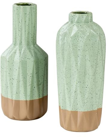 2er Set Porzellan Vase H15cm Grün Braun Blumenvase Tischdeko Blumendeko Boho Design Skandi Trockenblumen Wohnaccessoires