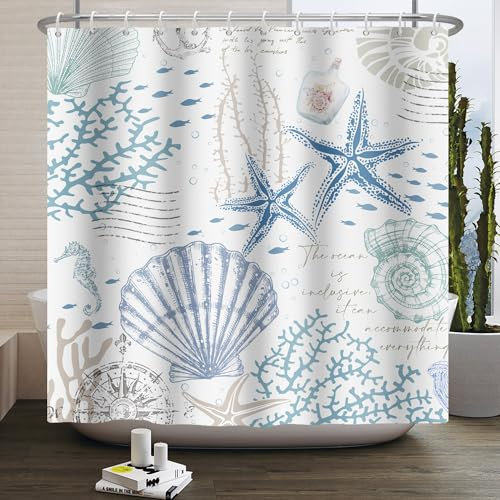 Kzzfqxb Rideaux de Douche imperméable pour Enfants 90x183cm, Motif Vie Marine étoile de mer Coquillage Corail Monde sous Marin Polyester Hydrofuge avec Crochets, décoration Bleue pour Salle de Bain
