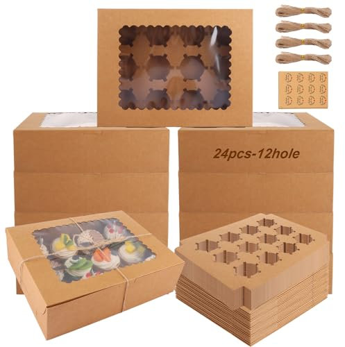 SHUESS 24 Pack Cupcake Boxes 12 Hole with Clear Window - Kraft Cup Cake Boxes - 32.5 x 24.8 x 9 cm Dessert Box with Removable Inserts, Strings and Labels