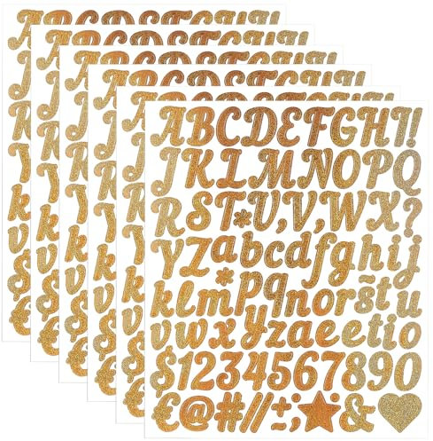 Coptiner 6 PCS Brief Aufkleber Selbstklebendes Vinyl handgeschriebenes Alphabet Zahl Kleine Glitter Symbol Aufkleber Kit für DIY Scrapbooking Graduation Cap Poster Board Flaschen Dekor Gold