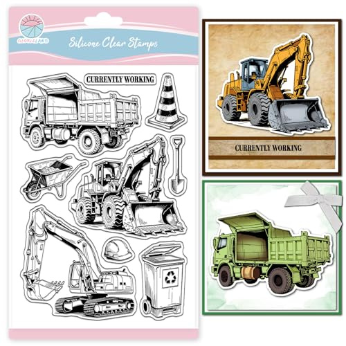 GLOBLELAND Transparente Stempel Mit Technischen Fahrzeugen Für Die Kartengestaltung Bagger Gabelstapler Müllwagen Silikon Stempel Texte Transparentes Stempelsiegel Für DIY Scrapbooking