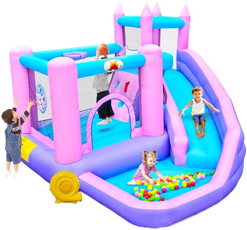WELLFUNTIME Aufblasbares Hüpfhaus mit Rutsche, Kinder-Springburg mit Gebläse, Bällebad, Kletterwand, Dartscheibe, Basketballkorb, 274 x 308 x 213 cm
