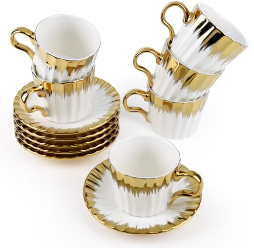 Hebaogugu Kaffeetassen-Set mit Untertassen, 100 ml, Espressotassen aus Keramik, Dekoration, goldene türkische Kaffeetasse, Geschenk für Cappuccino, Latte, Café, Mokka und Tee, spülmaschinen- und