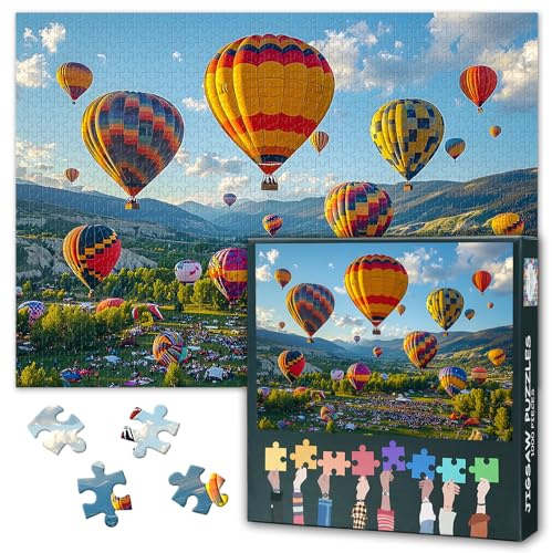 1000 Piece Puzzle for Adults - Colorful Hot Air Balloons over Vibrant Meadow Scenery, Premium Quality Adult Jigsaw Puzzle, Finished Size 27.5x19.7 in