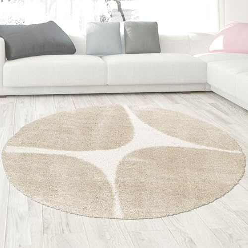 CARPETIA Teppich Wohnzimmer Schlafzimmer luxuriöse Einrichtung XXL Runder Hochflor Teppich modernes Design weich pflegeleicht langlebig wohnlich harmonisch Creme Beige 200 cm Rund