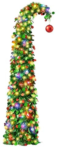 5Ft/1.5m Pre-Lit Pop Up Tinsel Christmas Tree with LED Light Strings and Topper, Artificial Xmas Tree for Holiday Home Decorations, Sequins Pencil Tree with Thick Base for Indoor & Outdoor (Green)