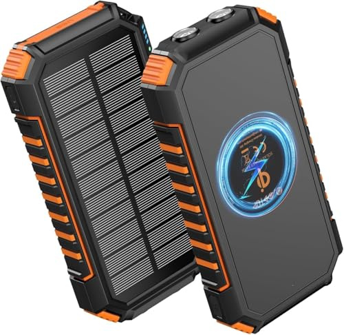 Velora Batterie solaire sans fil 26800 mAh - Chargeur solaire étanche USB C - Batterie externe avec 4 sorties - Batterie externe pour smartphones, tablettes et plus encore