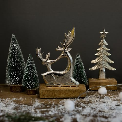 Holz und Metall Figur Rentier mit Kitz Silber 11 x 17cm Dekofigur Wald-Deko Weihnachts Tisch Dekoration Weihnachten