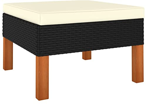 IBUQDDV Fußhocker aus Poly-Rattan und Massivholz Eukalyptus mit abnehmbarem Kissen für Garten Terrasse Balkon Outdoor Lounge Möbel