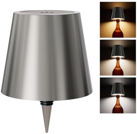 nulmvic Wireless Bottle Lamp,Touch Control Table Lamp, Dimmable 3 Color Temperatures,Wine Bottle Light for Bars,Restaurants,Outdoor,Decor(Brightsilver)