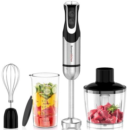 Bonsenkitchen Batidora de Mano 4 en 1, 1000W, Acero Inoxidable | Batidora de Inmersión, 12 Velocidades y Función Turbo, Incluye Batidor, Vaso Medidor 700ml y Picador, Batidora Multifunción