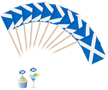 100 Stück Schottland Flagge Zahnstocher,Schottland Deko,Schottische Deko Fahne Mini Cupcake Topper,Flaggen Spieße Tischdeko,Zahnstochers mit Fähnchen,Cocktail Stick Flaggen für Party Pub,Fußball EM WM