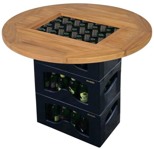Vorpalize Bierkastentisch Teak 70 cm, runde Holzplatte für Bierkästen, platzsparend, ideal für Garten, Camping, Balkon & Feiern, fertig montiert