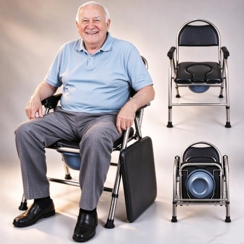 Toilettenstuhl klappbar für Senioren – 2-lagiges dickes Sitzkissen, breiter Edelstahlrahmen, höhenverstellbar, bis 200 kg belastbar, fahrbarer Duschstuhl & Toilette (Schwarz)
