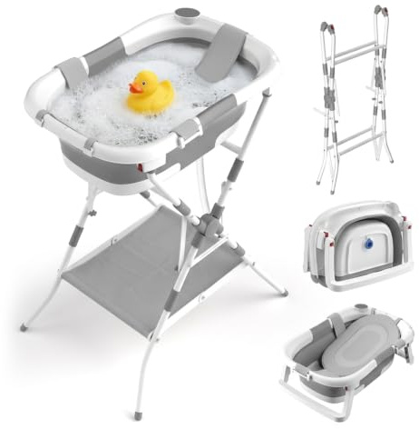 Relaxdays Babybadewanne faltbar, mit Gestell & Kissen, Babywanne, weiß/grau | bis 40 kg, HBT: 20,5x65x45,5 cm, Badewanne