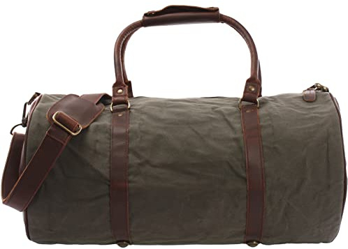 LECONI Reisetasche für Damen & Herren Ledertasche Weekender groß Sporttasche Männer + Frauen Handgepäck Sporttasche echtes Rinds-Leder und Canvas Segeltuch Natur Retro 53x28x28cm grün LE2004-C
