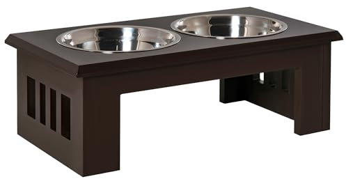 PawHut Stainless Steel Raised Dog Feeding Bowls with Stand for Extra Small and Small Dogs Elevated Twin Pet Bowls Water Food Feeder 58L x 31W x 25H cm - Brown