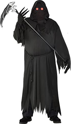 Amscan - Erwachsenenkostüm Sensenmann, schwarze Robe, Maske mit leuchtenden Augen, Handschuhe und Gürtel, Grim Reaper, Mottoparty, Halloween