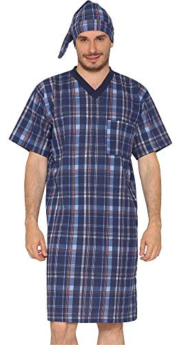 Timone Herren Nachthemd mit Schlafmütze TIDR5002 (Marineblau Kariert (Kurzarm), XXXL)